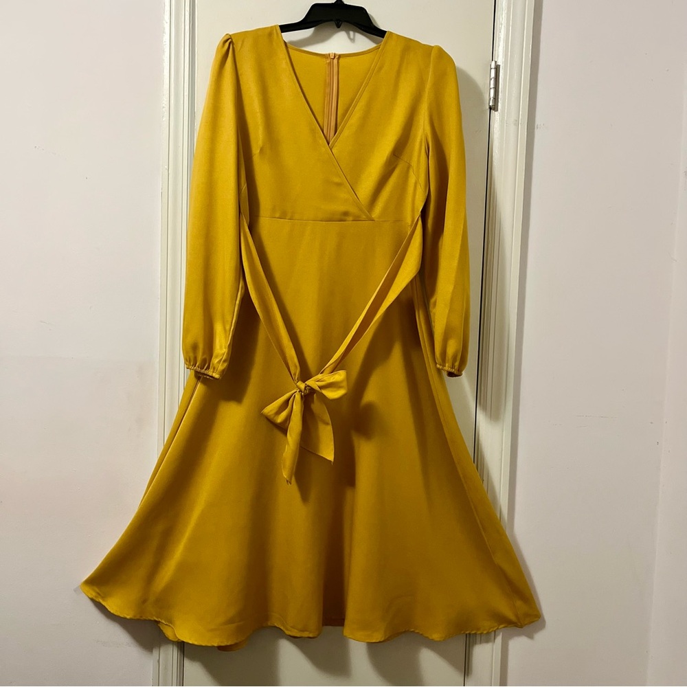 SHEIN Mustard Yellow Belted Bishop Sleeve Flared Hem Surplice/V-neck Maxi Dress